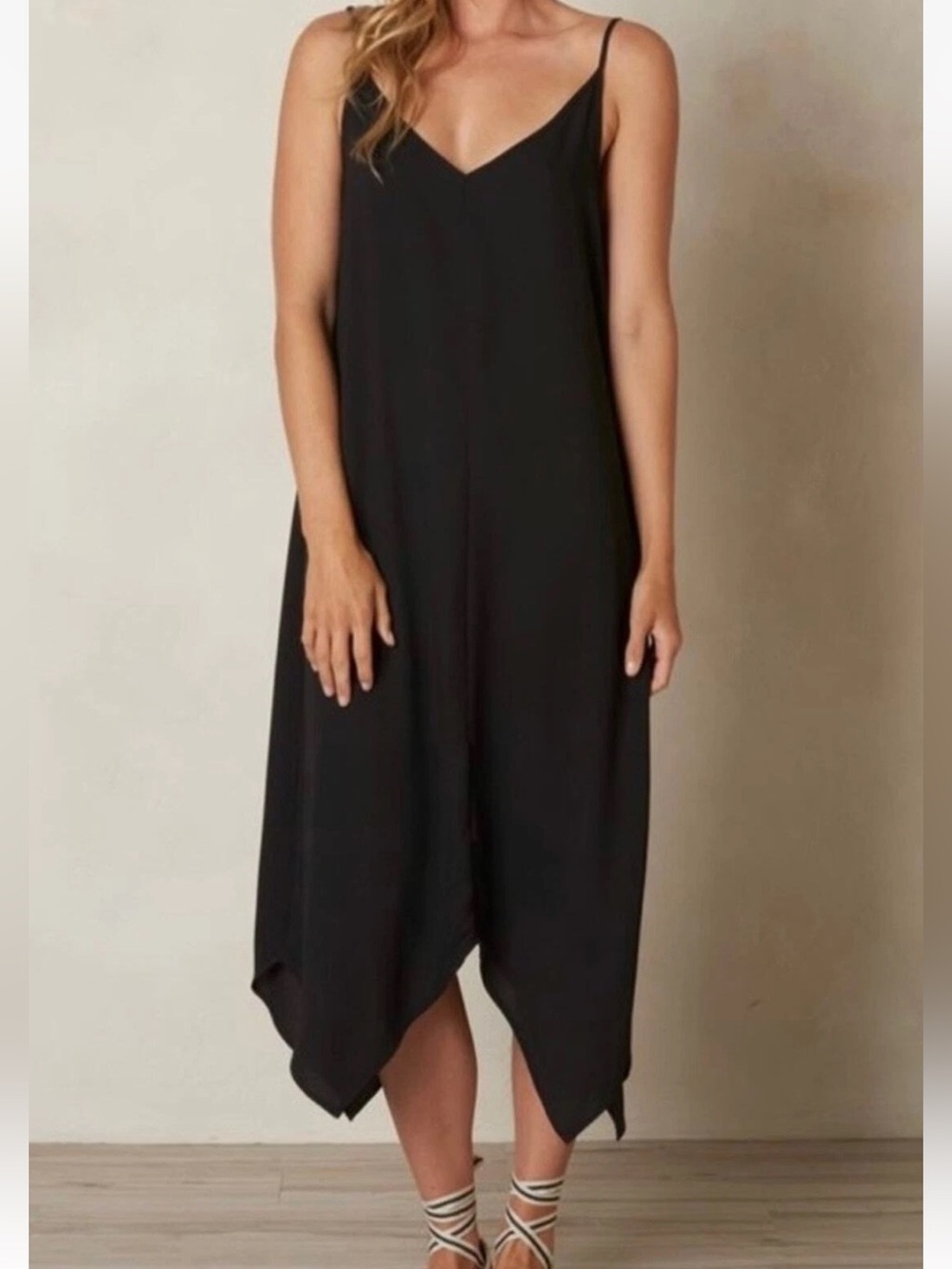 Prana Angelique Black Spaghetti Strap Handkerchief Hem Dress